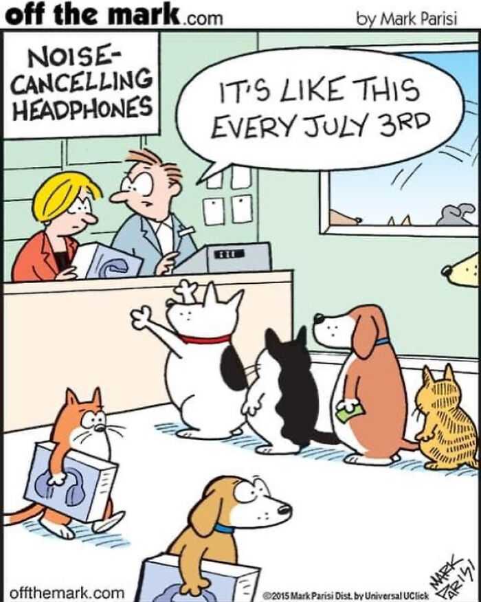 Funny comic by legendary cartoonist showing animals buying noise-cancelling headphones to block July 3rd fireworks noise.