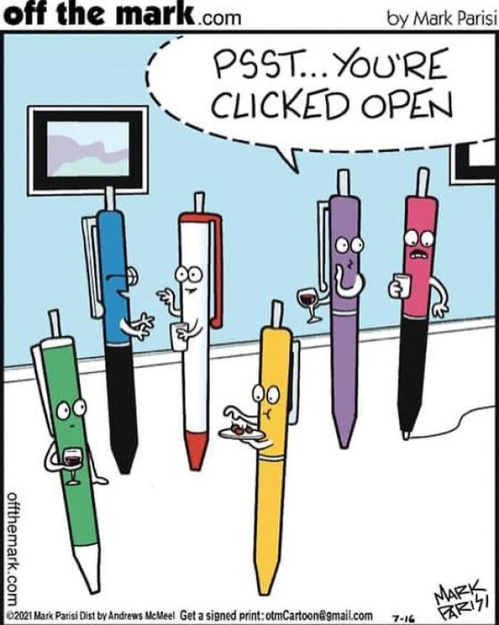 Funny comics by a legendary cartoonist showing pens with human features at a party, one whispering a secret to another.