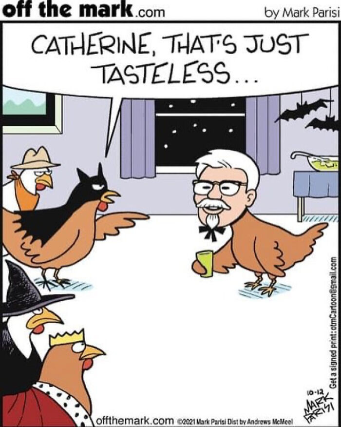 Funny comics cartoon with chickens, one dressed as Colonel Sanders, adding humor to the legendary cartoonist's work.