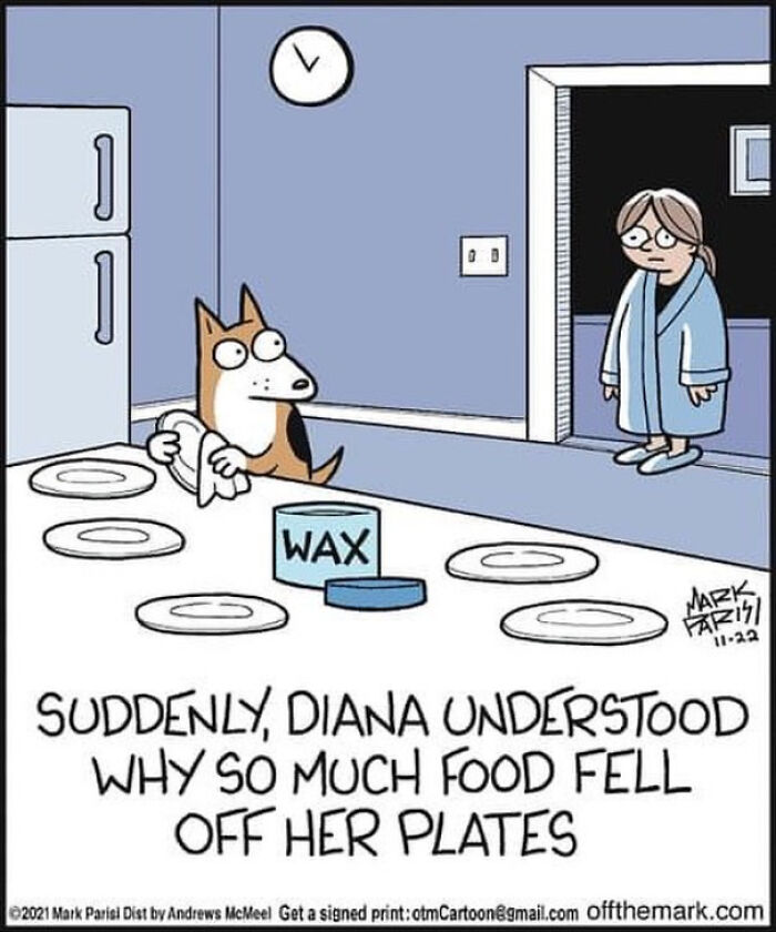 Cartoon dog wiping plates with wax, funny comic scene by a legendary cartoonist meant to make you smile.