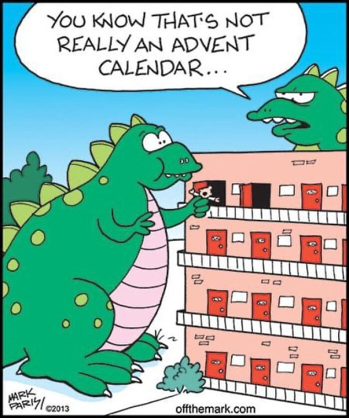 Cartoon dinosaurs humorously interacting with a building in a new funny comic by a legendary cartoonist.