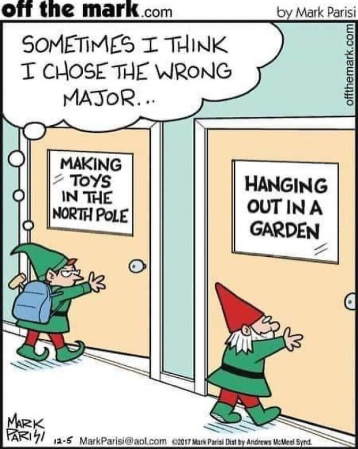 Funny comic by a legendary cartoonist showing elves choosing between making toys at the North Pole or hanging out in a garden.