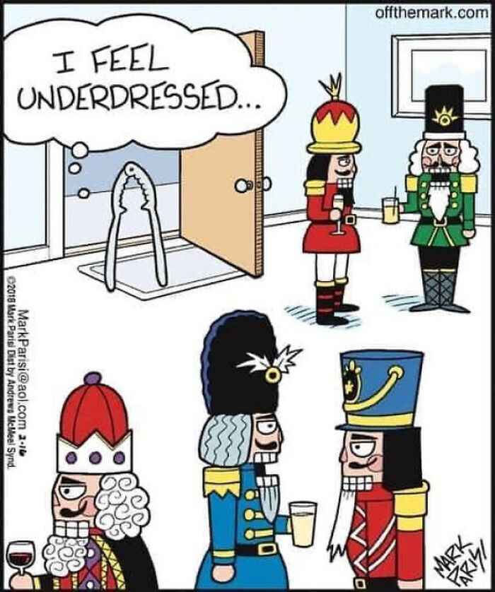 Cartoon comic by a legendary cartoonist featuring nutcracker characters at a party, with one feeling underdressed.