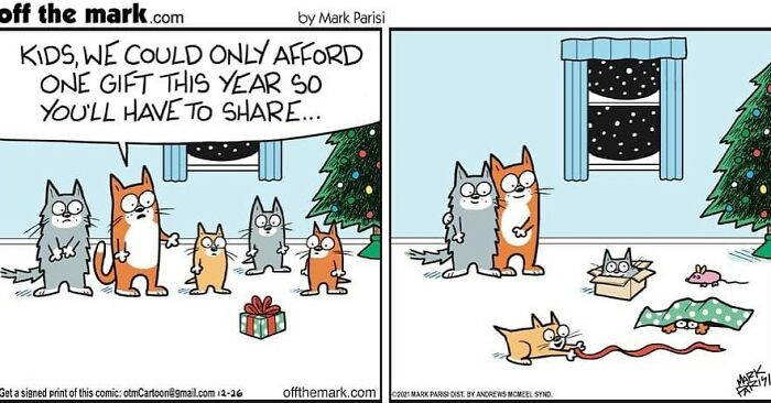Comic strip featuring funny cats sharing one Christmas gift, illustrating humor by a legendary cartoonist in a simple colorful style.