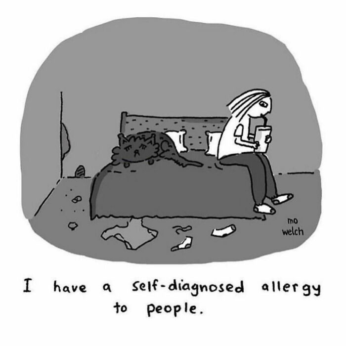 Relatable comic about reluctant adults showing a person sitting on a messy bed with a cat and a humorous allergy statement.