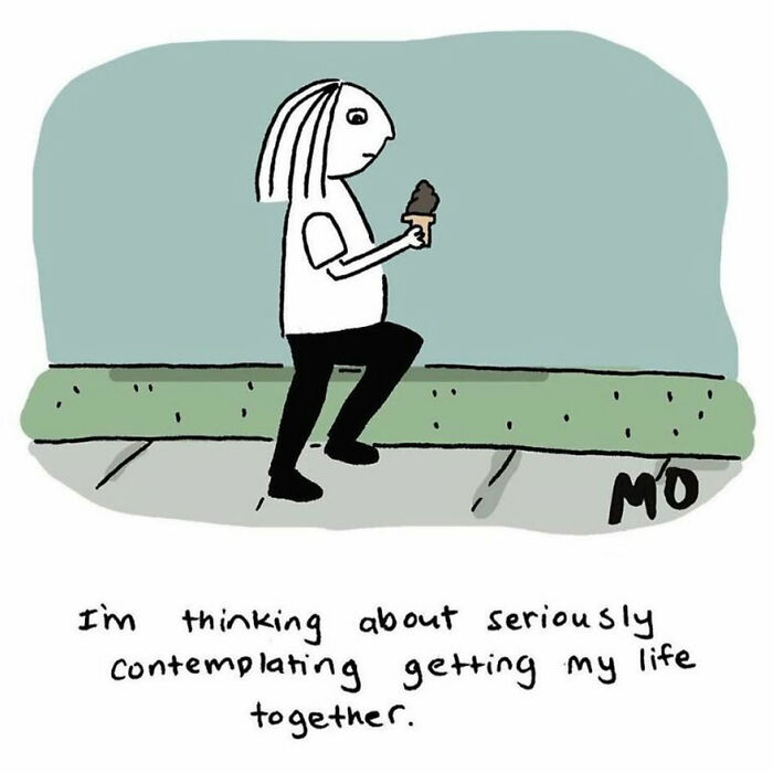Cartoon from sarcastic and relatable comics about reluctant adults, showing a person holding an ice cream cone and contemplating life.