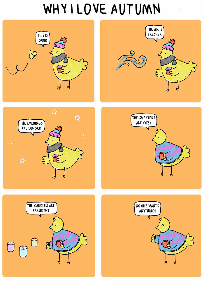 Yellow bird in a comic series highlighting why they love autumn, reflecting themes relatable to depression.