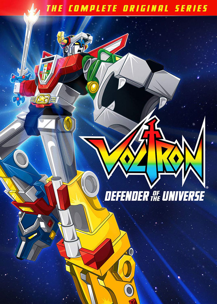 Voltron from '80s cartoons, featuring the Defender of the Universe in a colorful, dynamic pose against a starry background.