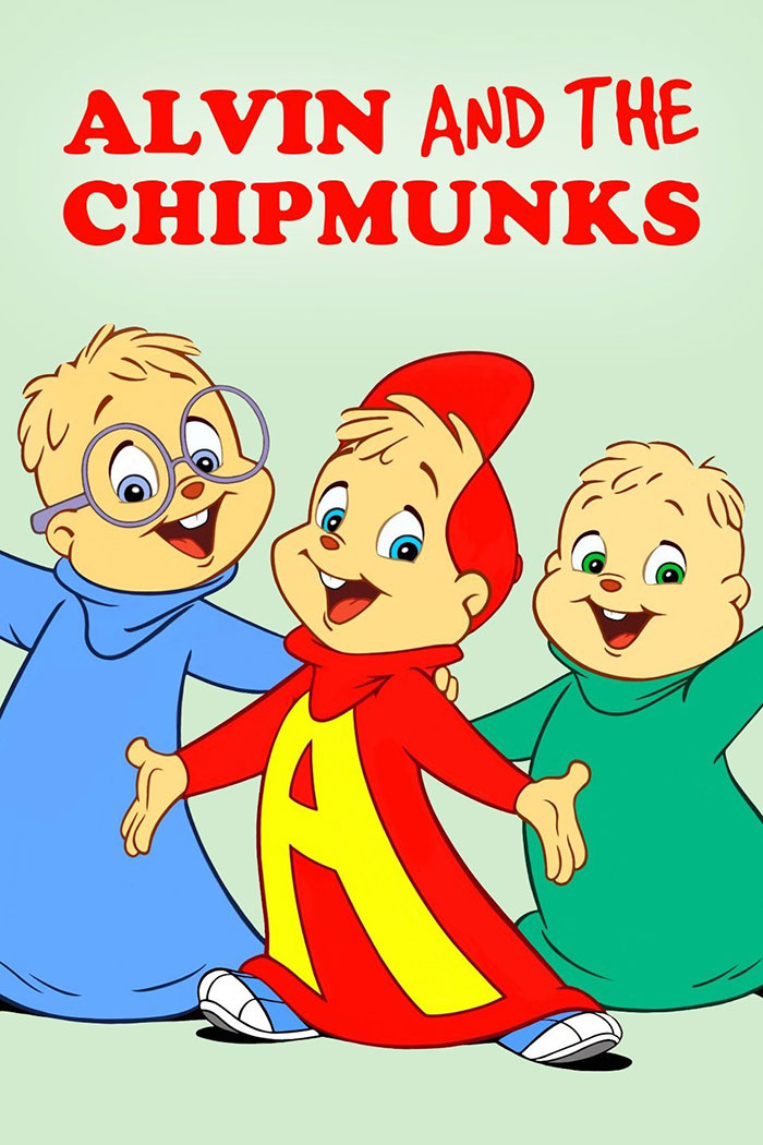 Alvin and the Chipmunks trio in colorful outfits, iconic characters from 80s cartoons.