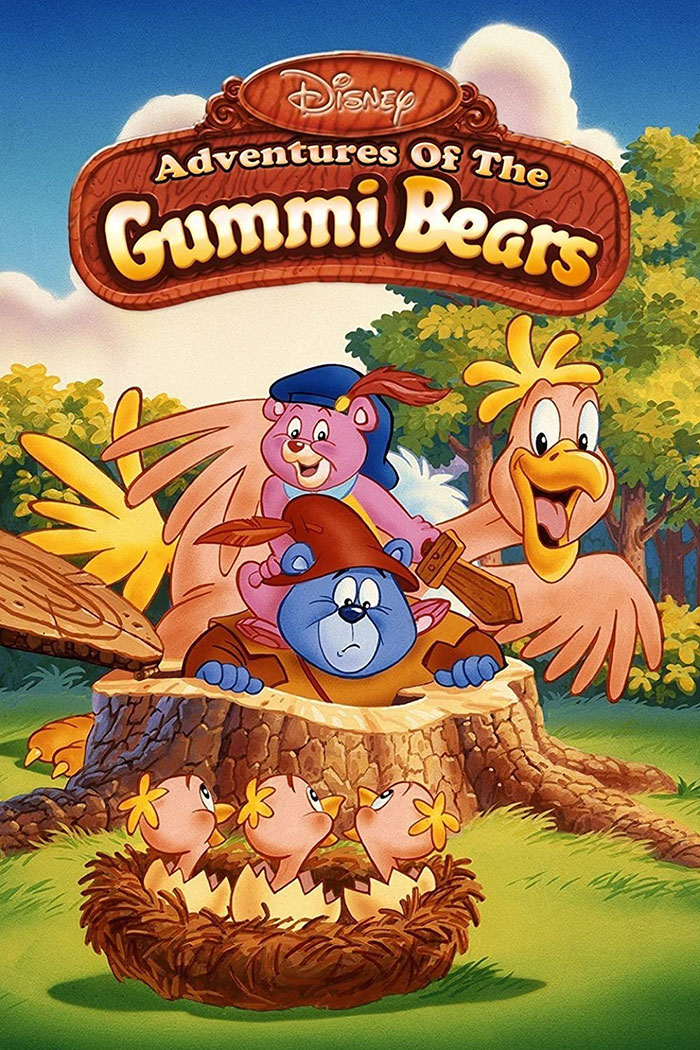 Gummi Bears in a vibrant forest setting, showcasing a classic '80s cartoon scene.