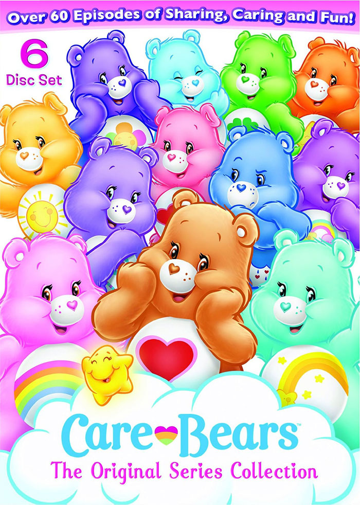 Colorful Care Bears from ’80s cartoons, promoting the original series collection with six discs.