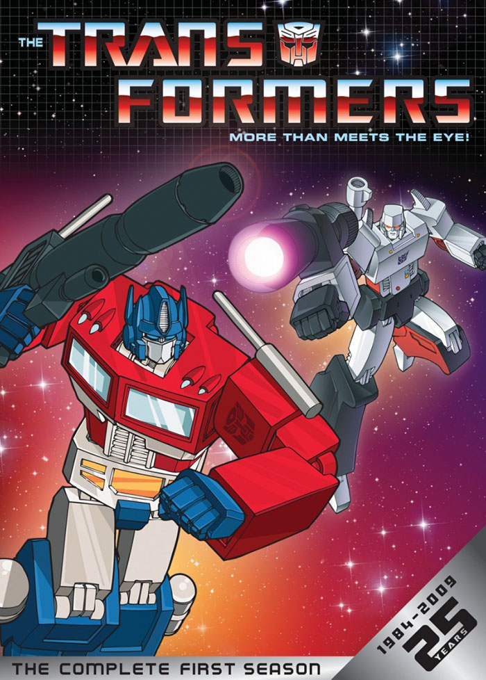 '80s cartoons: Transformers poster featuring Optimus Prime and Megatron in dynamic space-themed battle scene.
