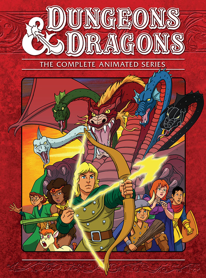 Dungeons & Dragons animated series cover with characters and a dragon, highlighting an iconic 80s cartoon.