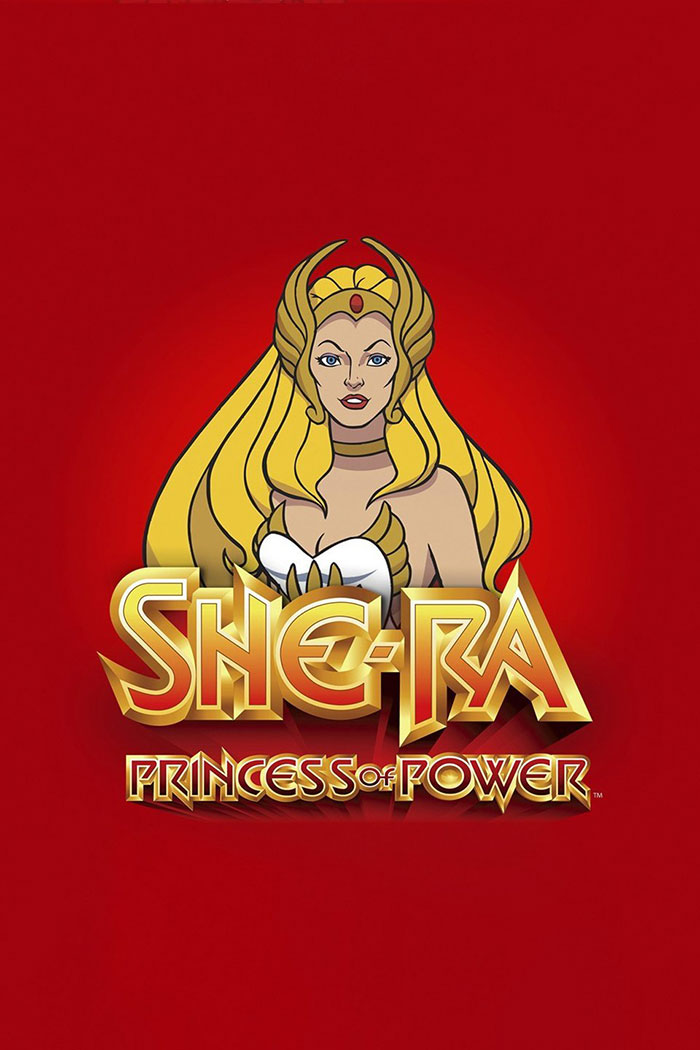 She-Ra illustration on a red background, highlighting '80s cartoons.