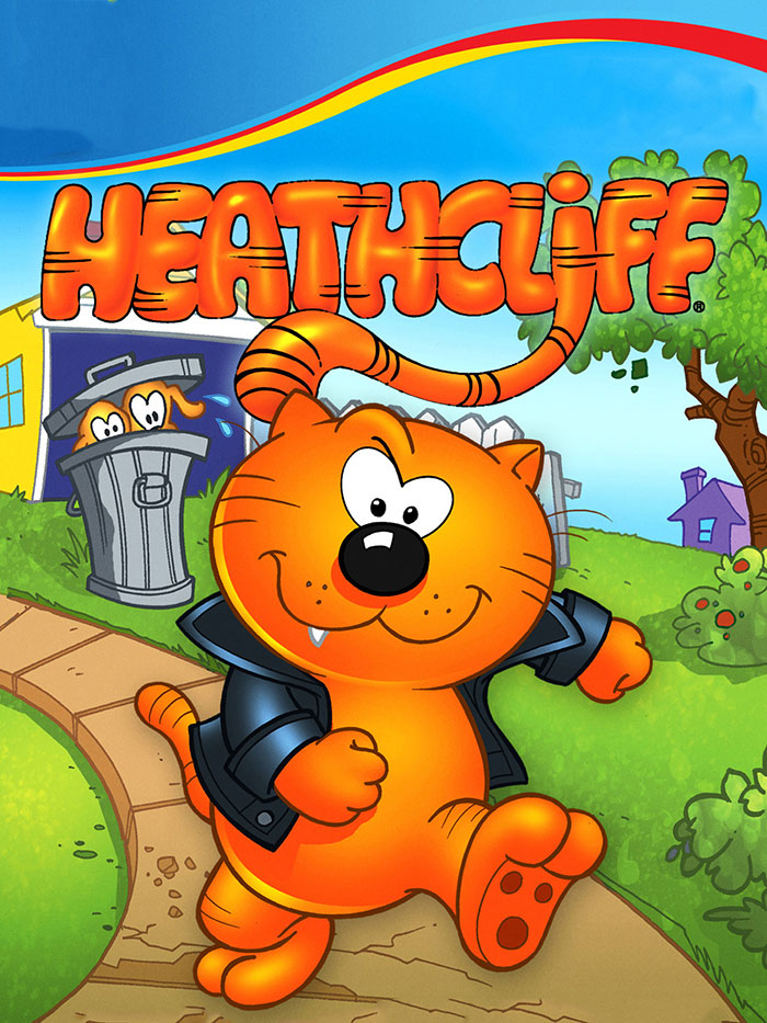 Heathcliff cartoon cat in a leather jacket walking on a sidewalk with a trash can in the background.