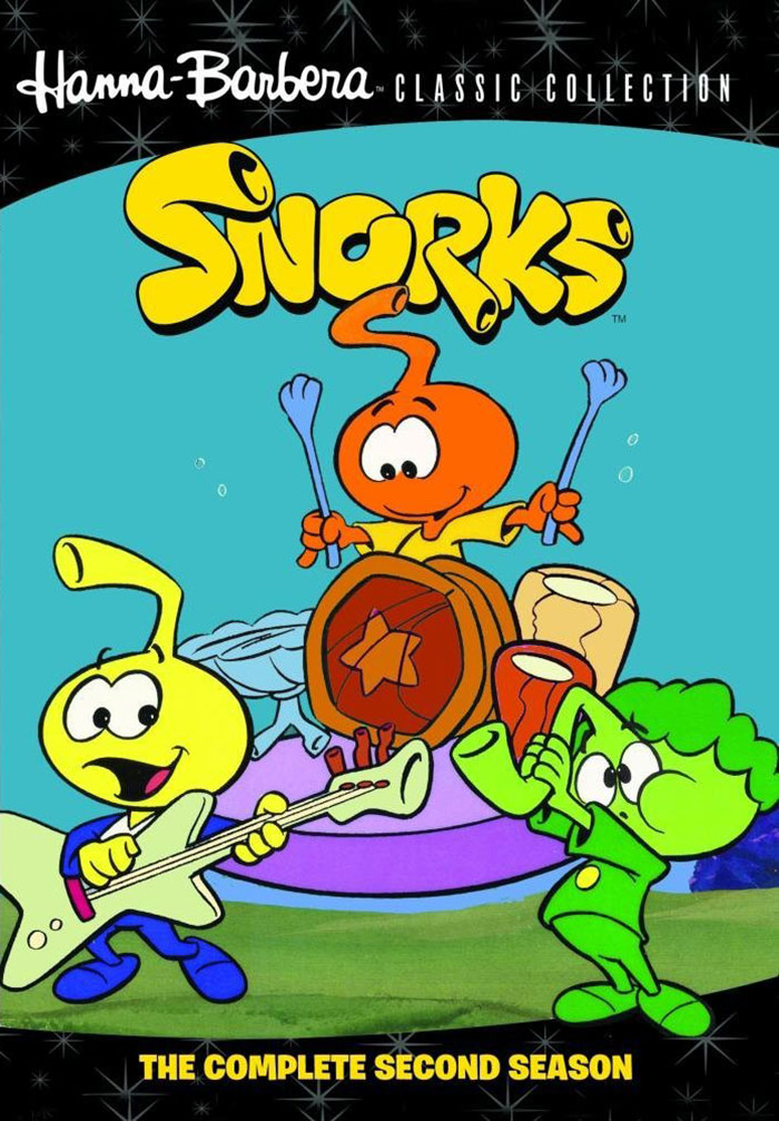 Snorks cartoon characters playing instruments undersea in vibrant colors, a classic ‘80s animation.