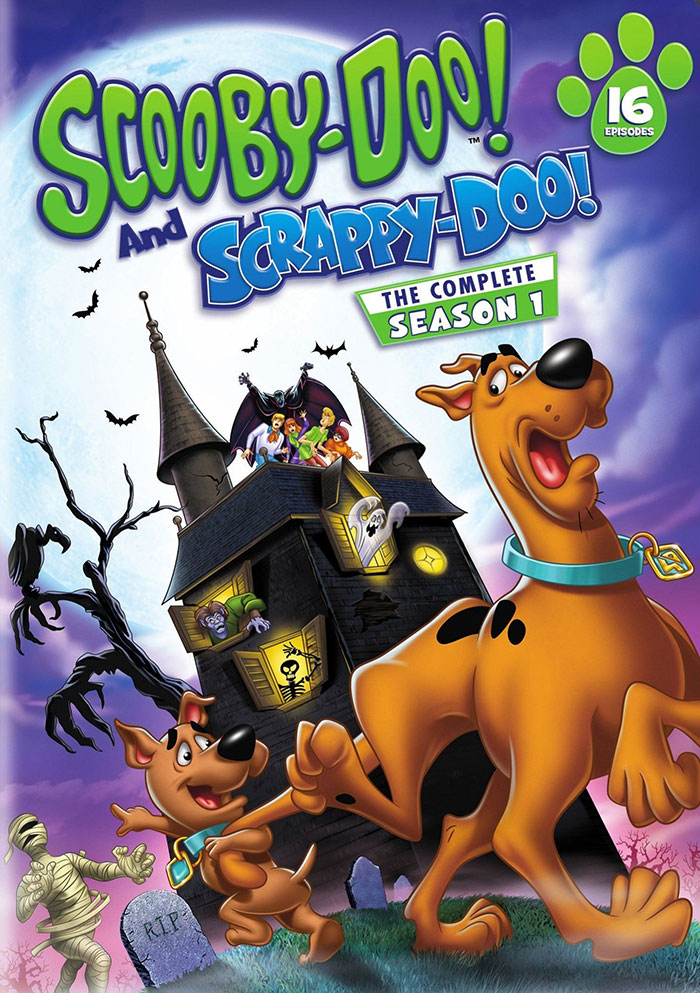 Cover of "Scooby-Doo and Scrappy-Doo" complete first season, featuring iconic 80s cartoon characters in front of a haunted house.