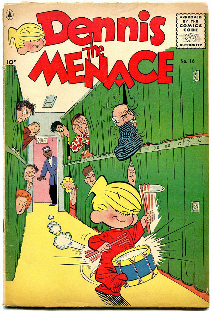 Dennis the Menace comic cover showing Dennis playing a drum in a hallway, an unforgettable '80s cartoon character.