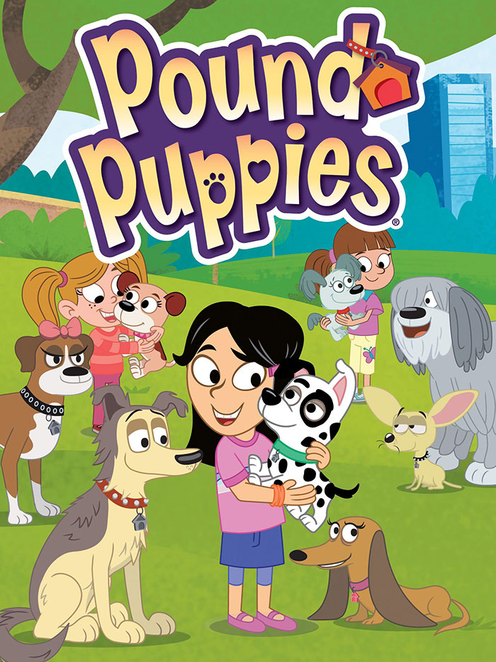 Children and dogs from '80s cartoon Pound Puppies in a park setting.