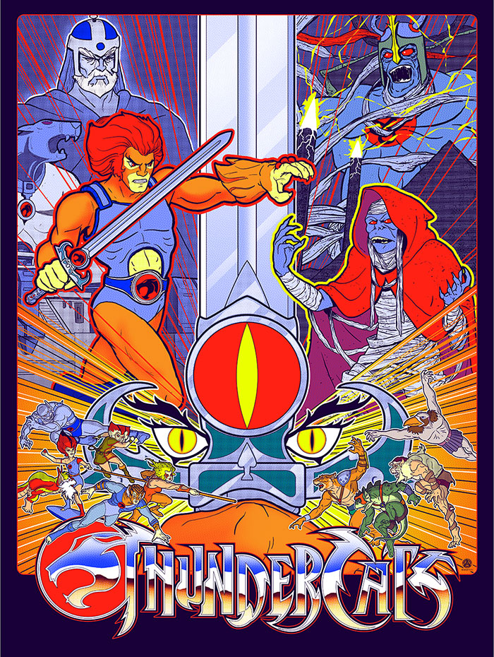 Thundercats characters in a vibrant 1980s cartoon poster with iconic logo.