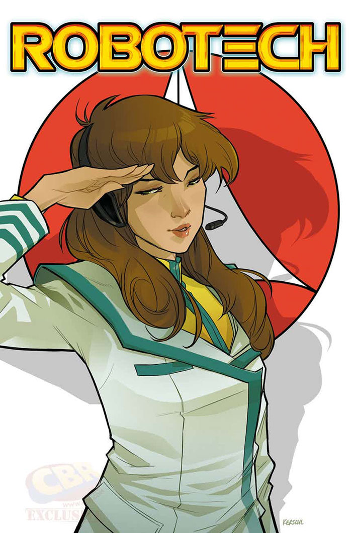 Female character from Robotech cartoon saluting with headset on, representing best 80s cartoons unforgettable in animation style.