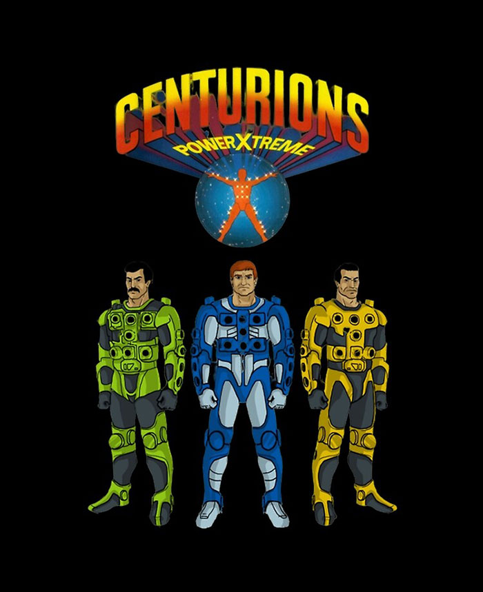 Centurions PowerXtreme characters in futuristic suits, classic 80s cartoons with iconic action hero designs and bold colors.