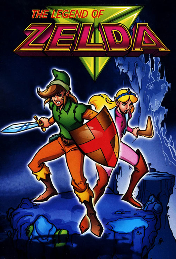 The Legend of Zelda characters ready for battle in a dark cave, from an unforgettable 80s cartoons series.