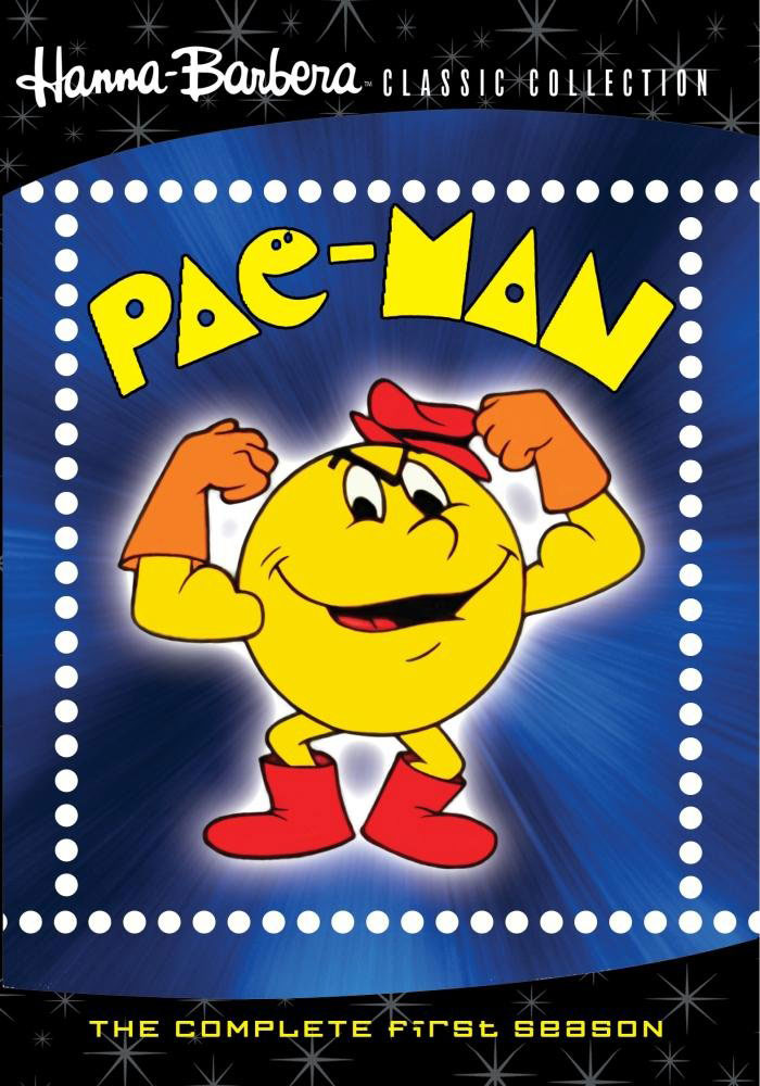 Pac-Man cartoon character flexing muscles on blue background from classic 80s cartoons collection cover.