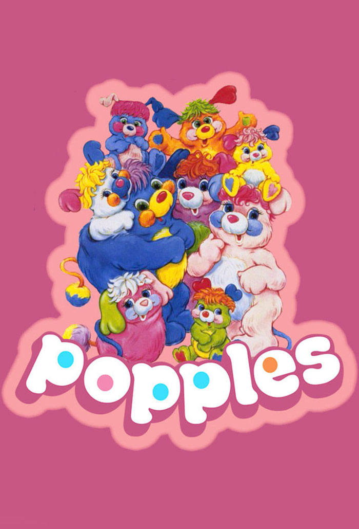 Colorful Popples characters from an unforgettable '80s cartoon on a pink background.