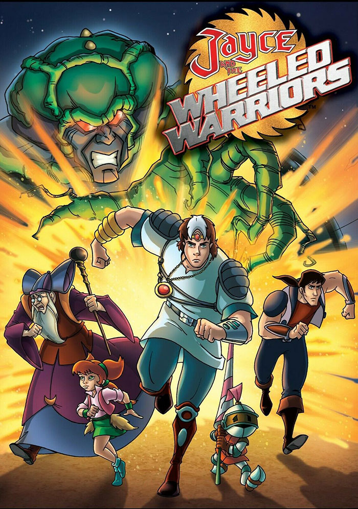Joyce and the Wheeled Warriors cartoon characters running with an explosion and a giant green monster in the background.