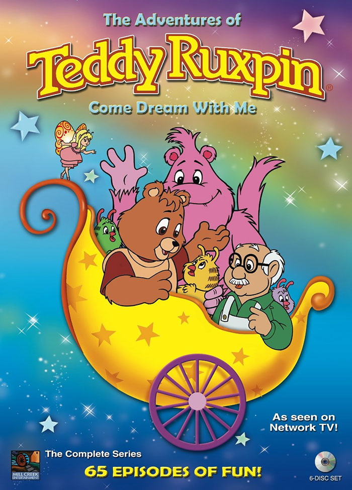 Colorful '80s cartoon characters from Teddy Ruxpin riding a yellow star-patterned cart in a magical nighttime scene.