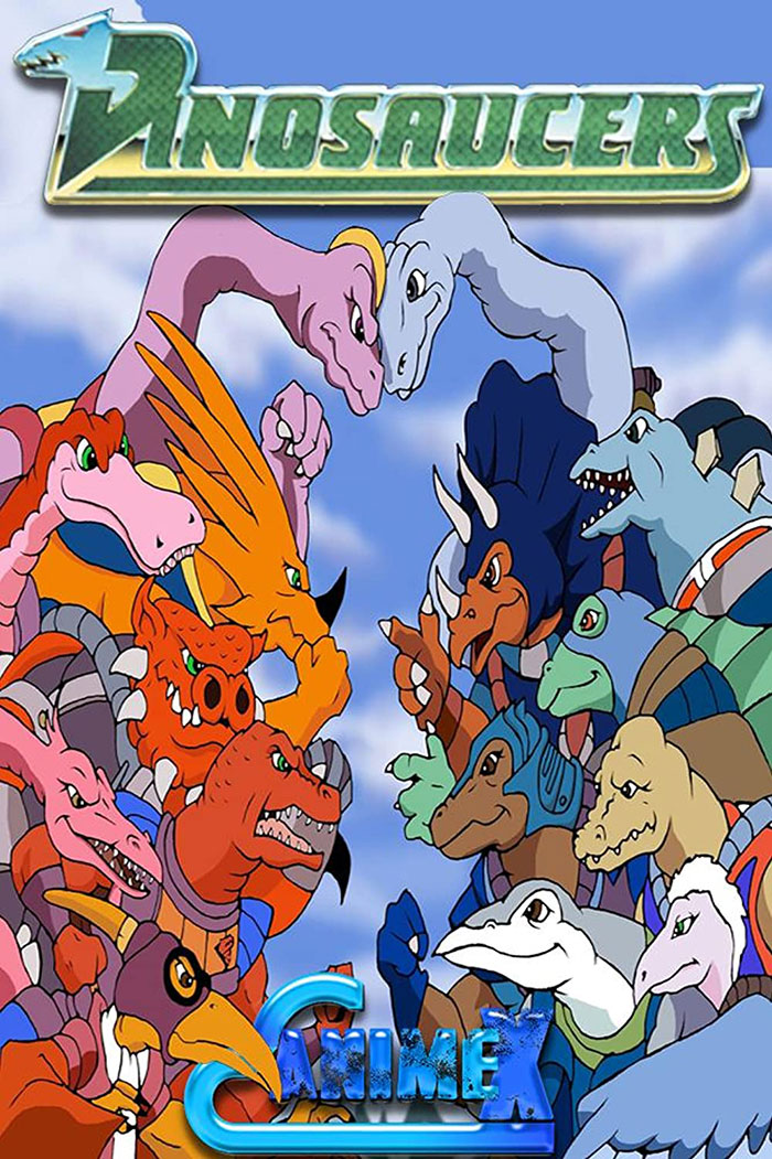 Colorful animated dinosaurs facing each other in a circle from one of the best 80s cartoons featuring unforgettable dinosaur characters.