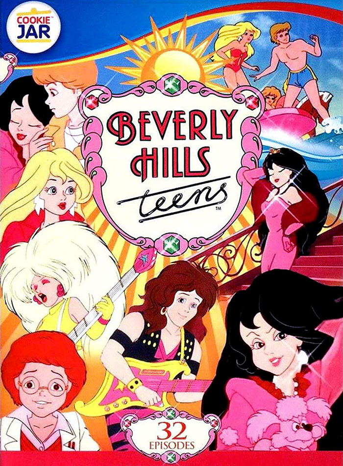Beverly Hills Teens cartoon characters playing instruments and enjoying summer, classic 80s cartoons nostalgia and style.