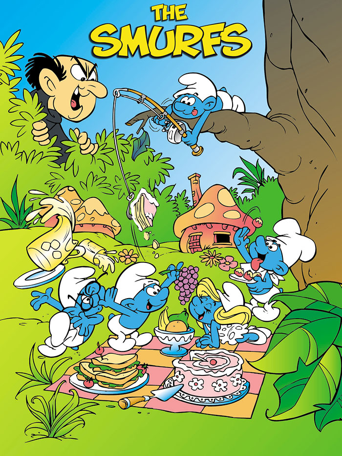 The Smurfs enjoying a picnic in a forest setting with colorful mushrooms and flowers, showcasing a classic ‘80s cartoon scene.