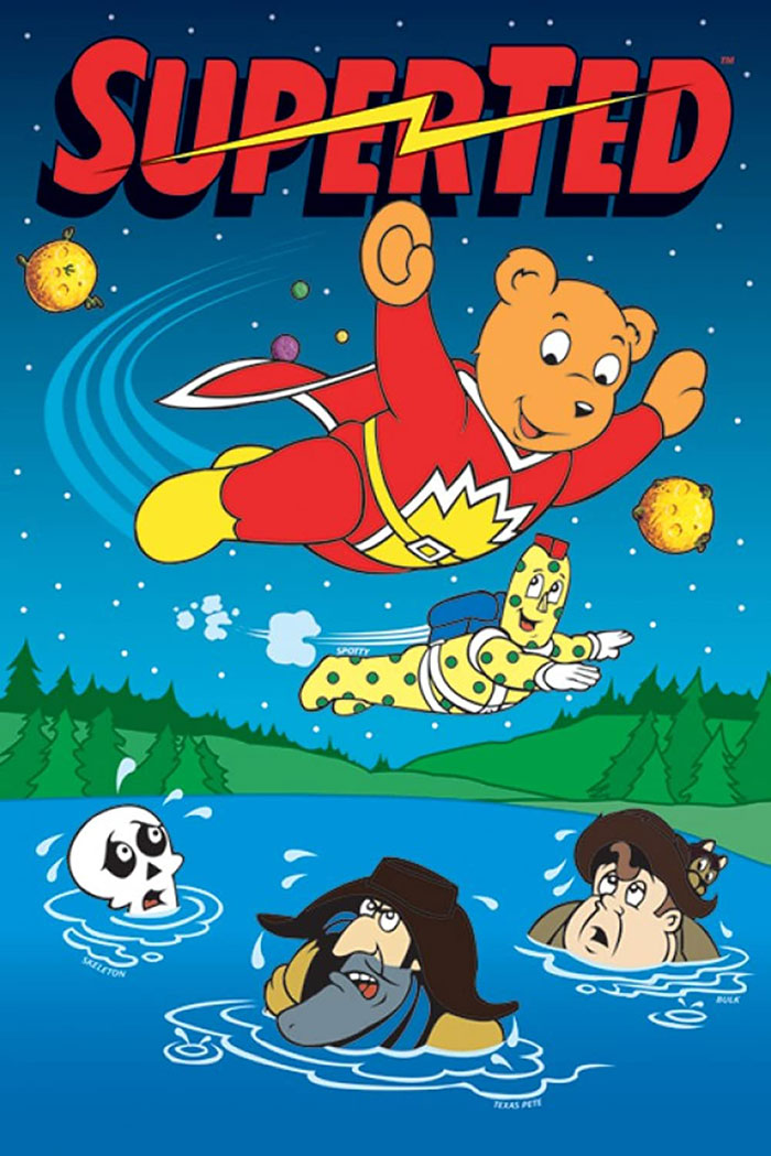 SuperTed flying over a lake with Spotty, featuring classic '80s cartoon characters.