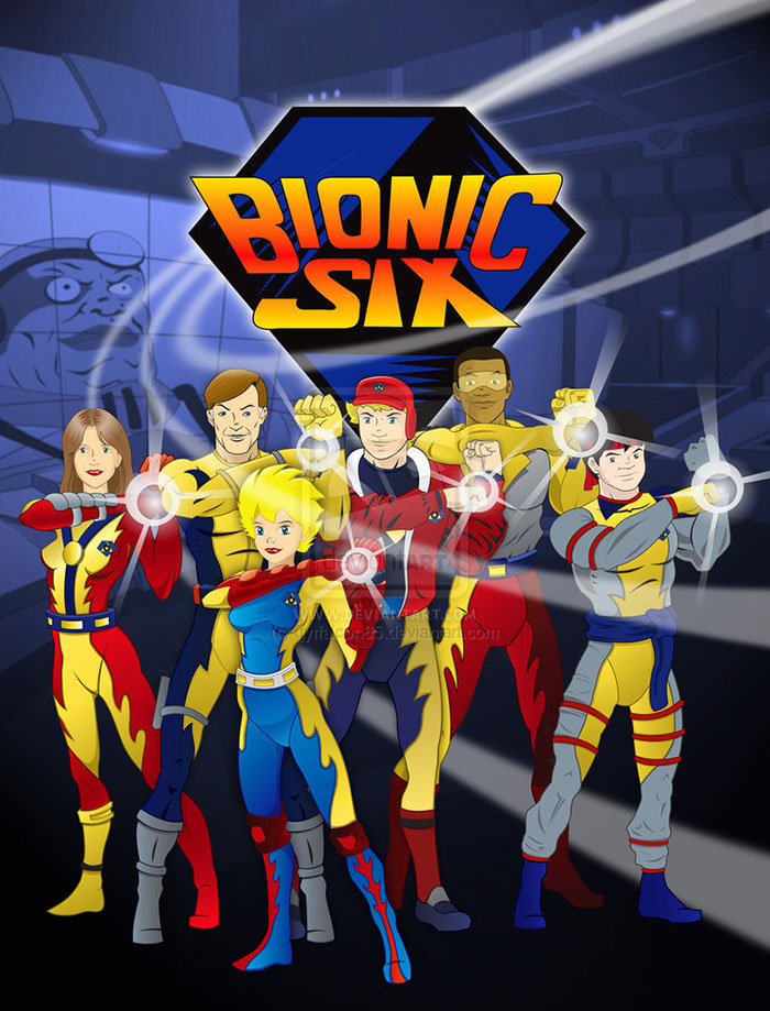 Animated characters from 80s cartoons Bionic Six in colorful costumes using glowing weapons in a dark, futuristic setting