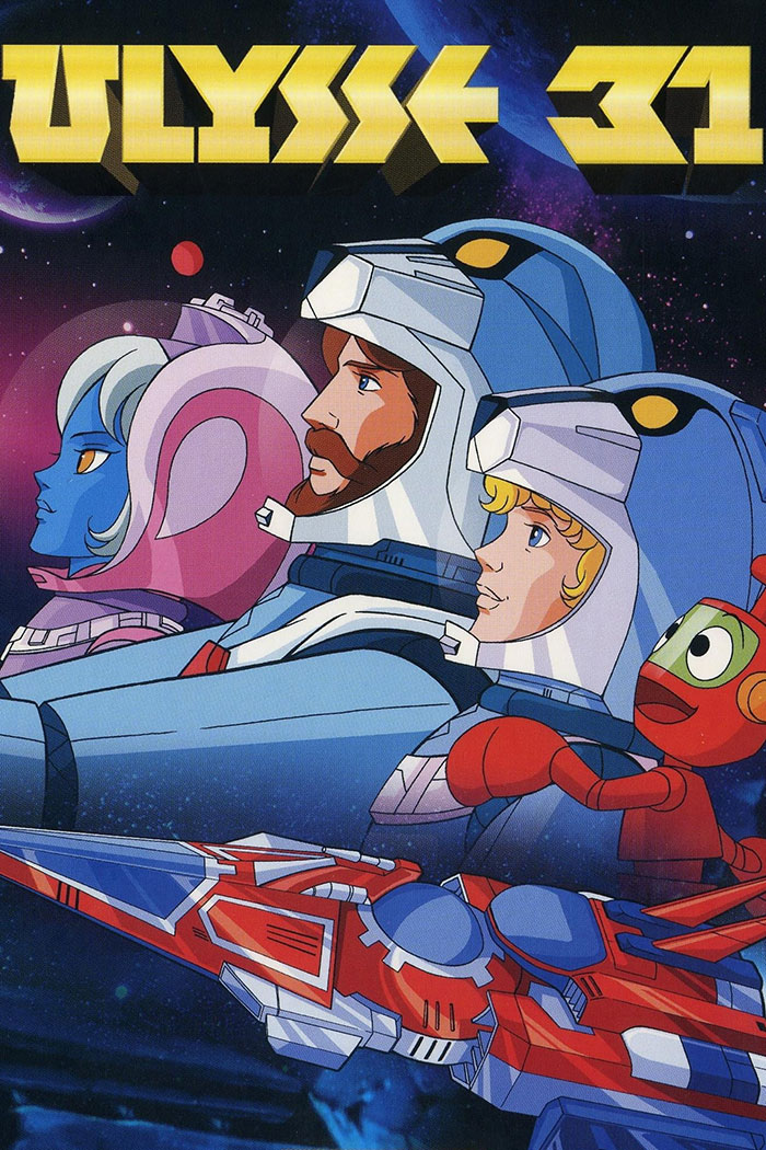 '80s cartoon "Ulysses 31" characters in space gear aboard a spaceship, featuring futuristic design and vibrant colors.