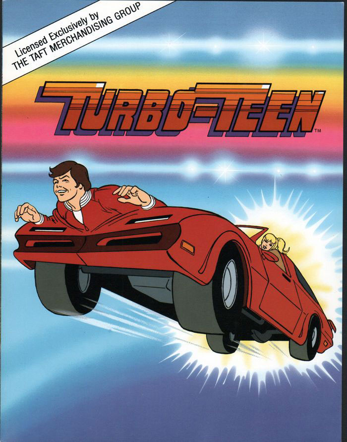 Turbo Teen animated character riding a flying red car with colorful sky background from 80s cartoons.