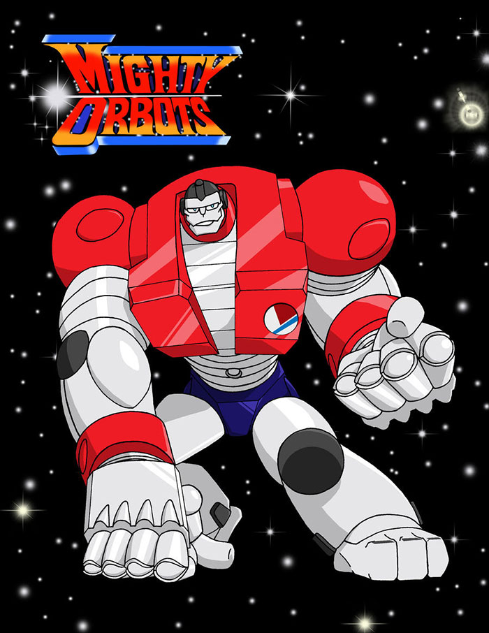 Red and gray robot character from one of the best 80s cartoons set against a starry space background with logo text.