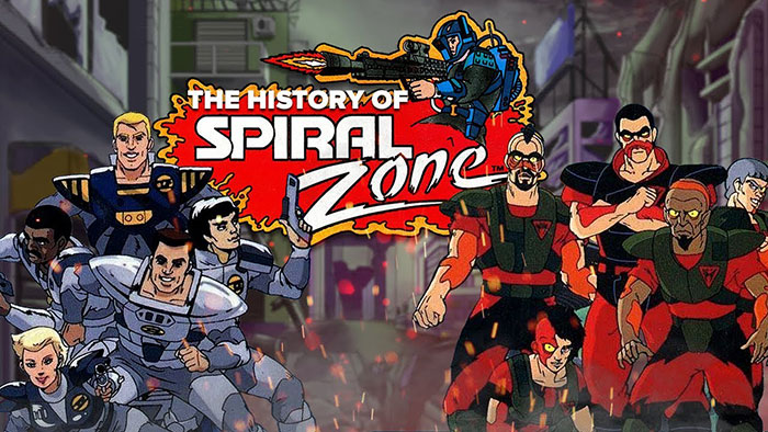 Characters from Spiral Zone, one of the best 80s cartoons, in a futuristic battle scene with action and vibrant colors.