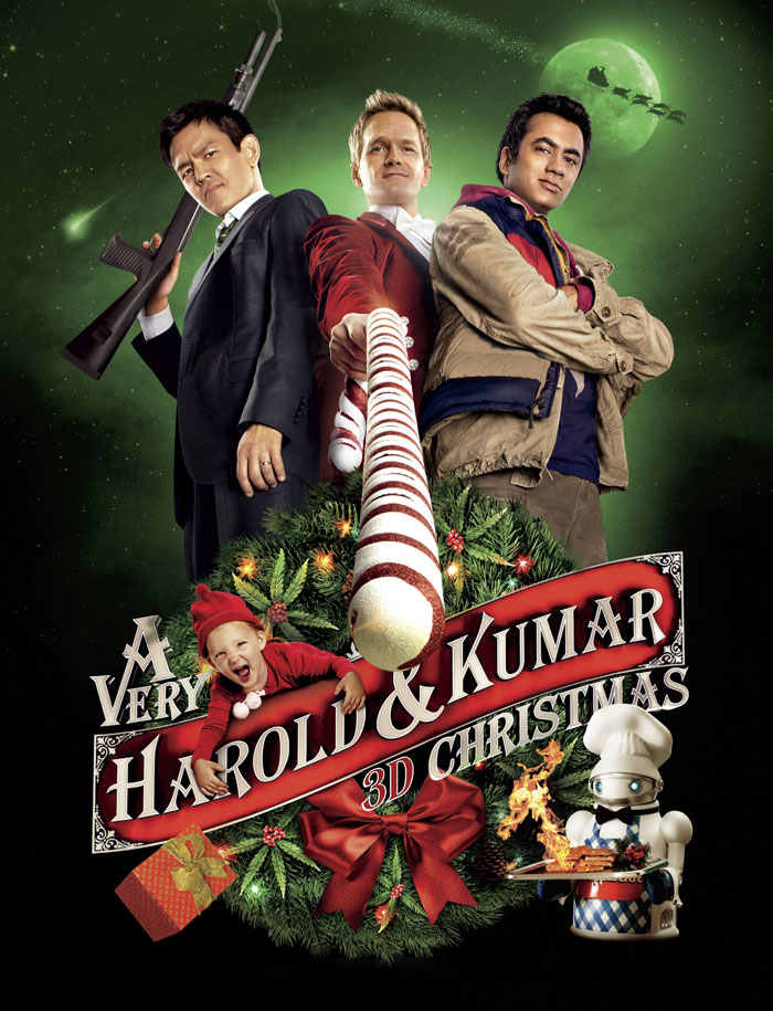 Poster of "A Very Harold & Kumar 3D Christmas" with three men posing, holding festive icons, and a green holiday backdrop.