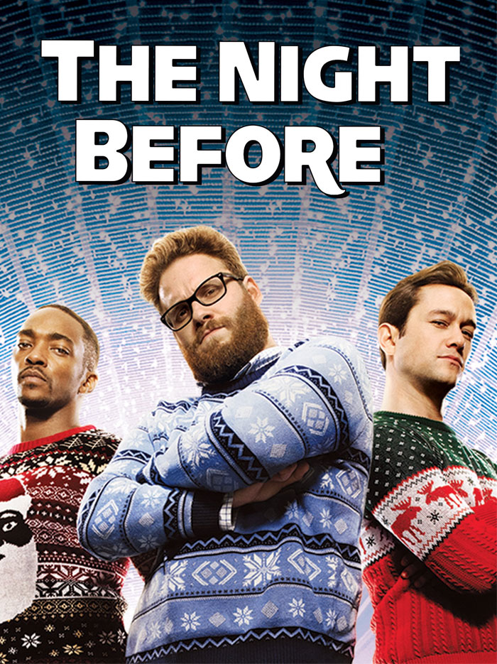 Cover of "The Night Before" featuring three men in Christmas sweaters, a top pick for holiday movie lists.