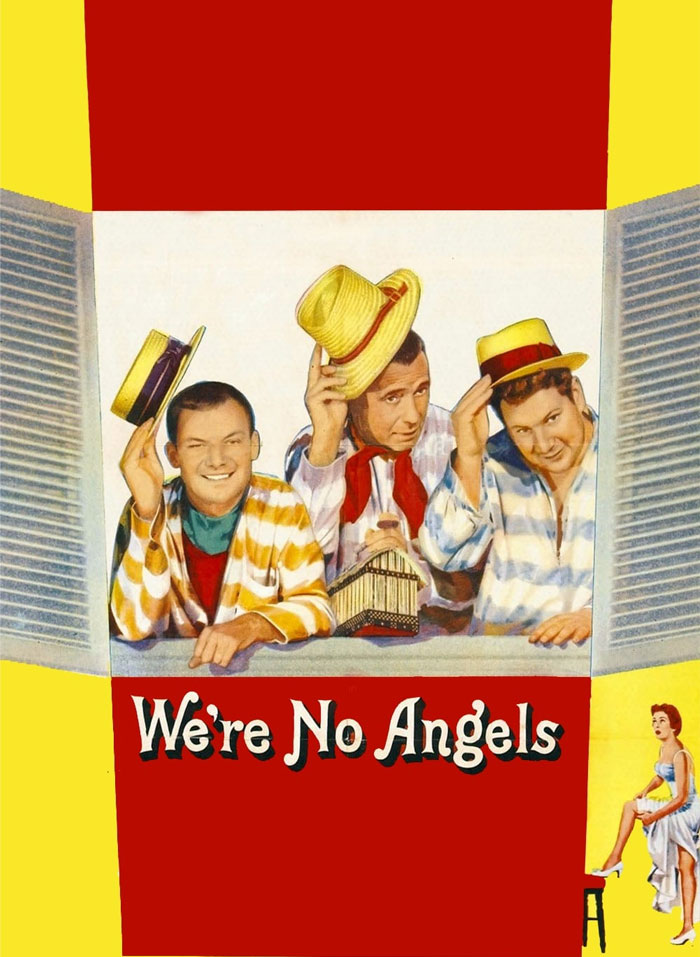 "We're No Angels movie poster with three men tipping hats, a classic Christmas film."
