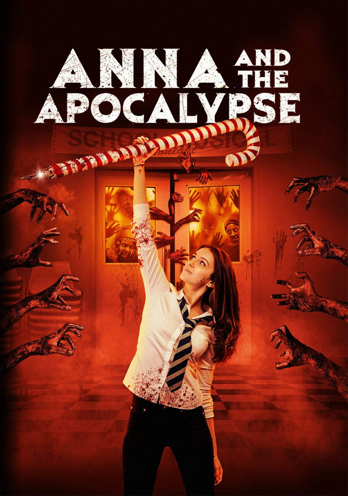Young woman holding candy cane weapon in poster for Christmas movie "Anna and the Apocalypse" surrounded by zombie hands.