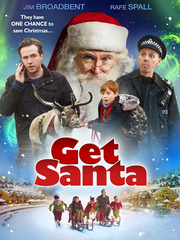"Get Santa movie poster featuring Santa, reindeer, and characters in a snowy holiday setting."