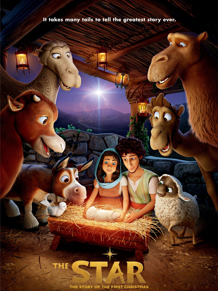 Animated nativity scene with animals around the manger, featuring characters from a Christmas movie.