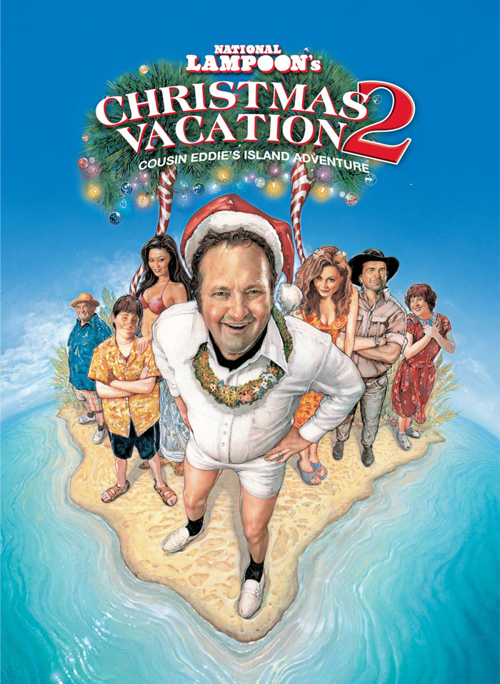 "Christmas Vacation 2 poster with characters on a tropical island, festive holiday design."