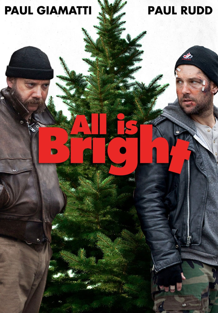 Two men in winter attire stand in front of a Christmas tree with the title "All is Bright," highlighting best Christmas movies.