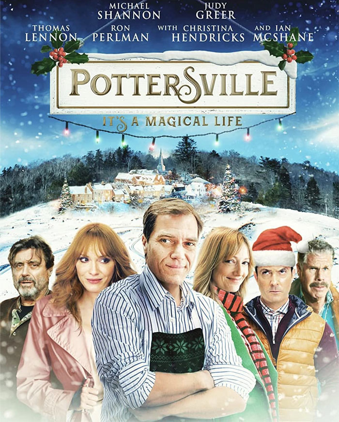 "Pottersville movie cover featuring cast in a snowy Christmas village scene."