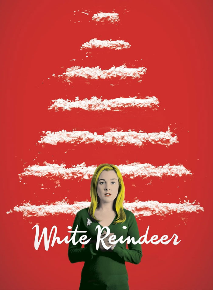 Woman in front of Christmas tree design, "White Reindeer" text, red background. Best Christmas movies theme.